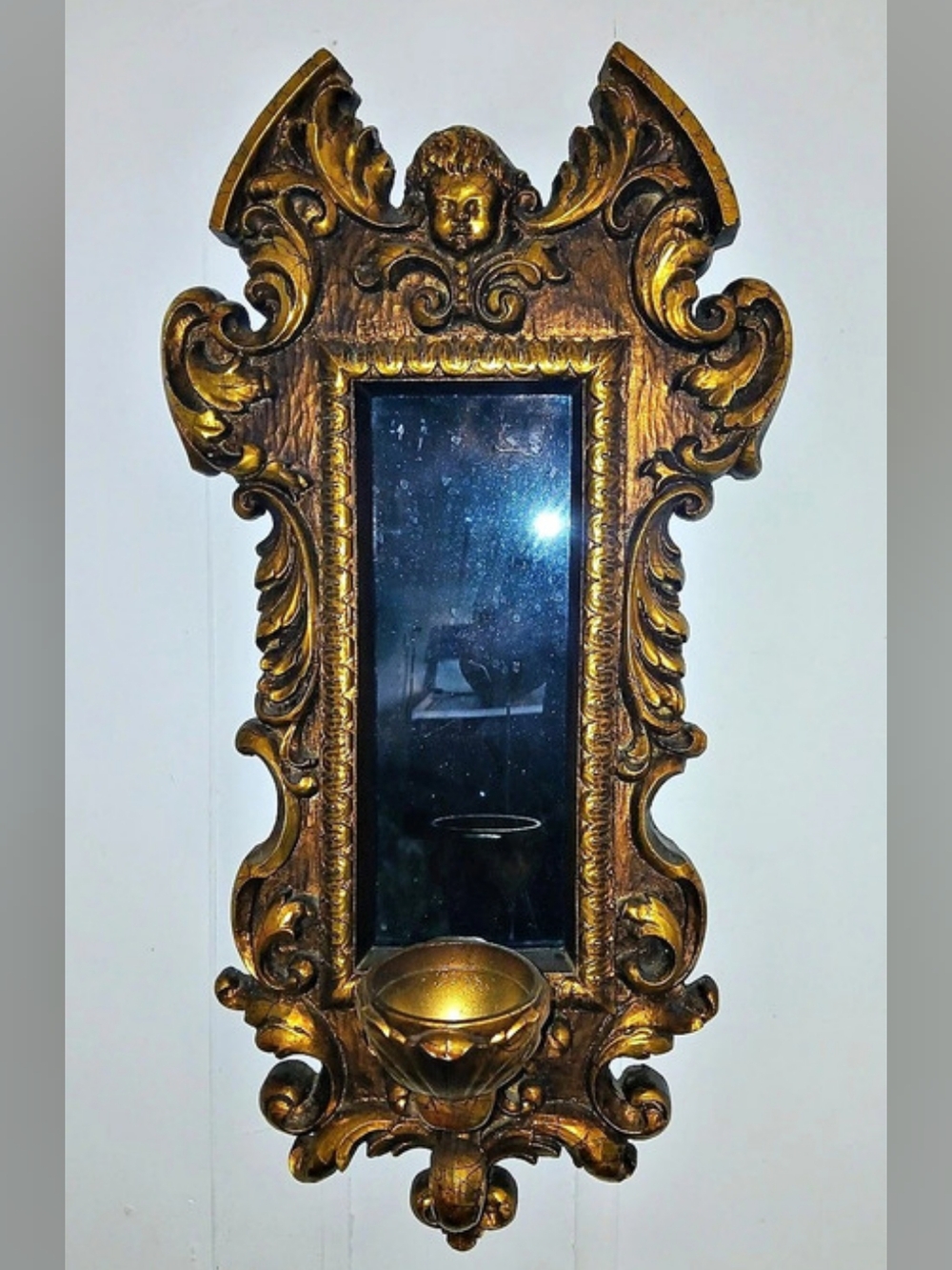 Vintage Ornate Gold Wall Mirror With Candle Holder